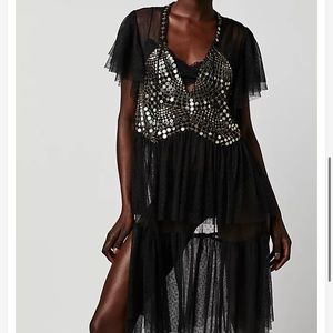 Free People black sheer ruffle tulle tunic slip overlay dress with gold sequins